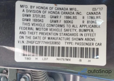 2017 Honda Civic Ex z USA, uszkodzony, nr VIN 2HGFC2F77HH530850